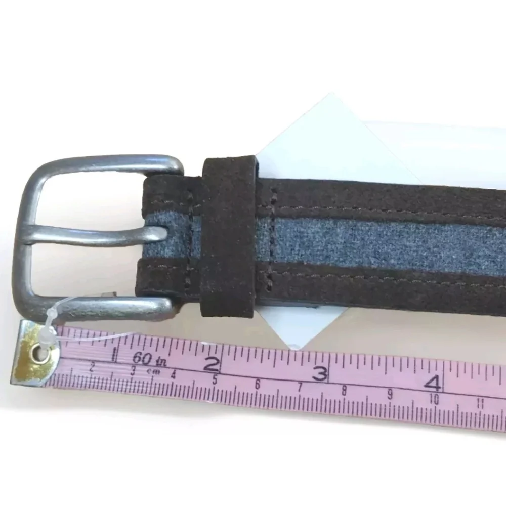 Bespoke Brown Leather Belt Grey Inlay Two Tone Men 40 Square Silver Buckle Nwt